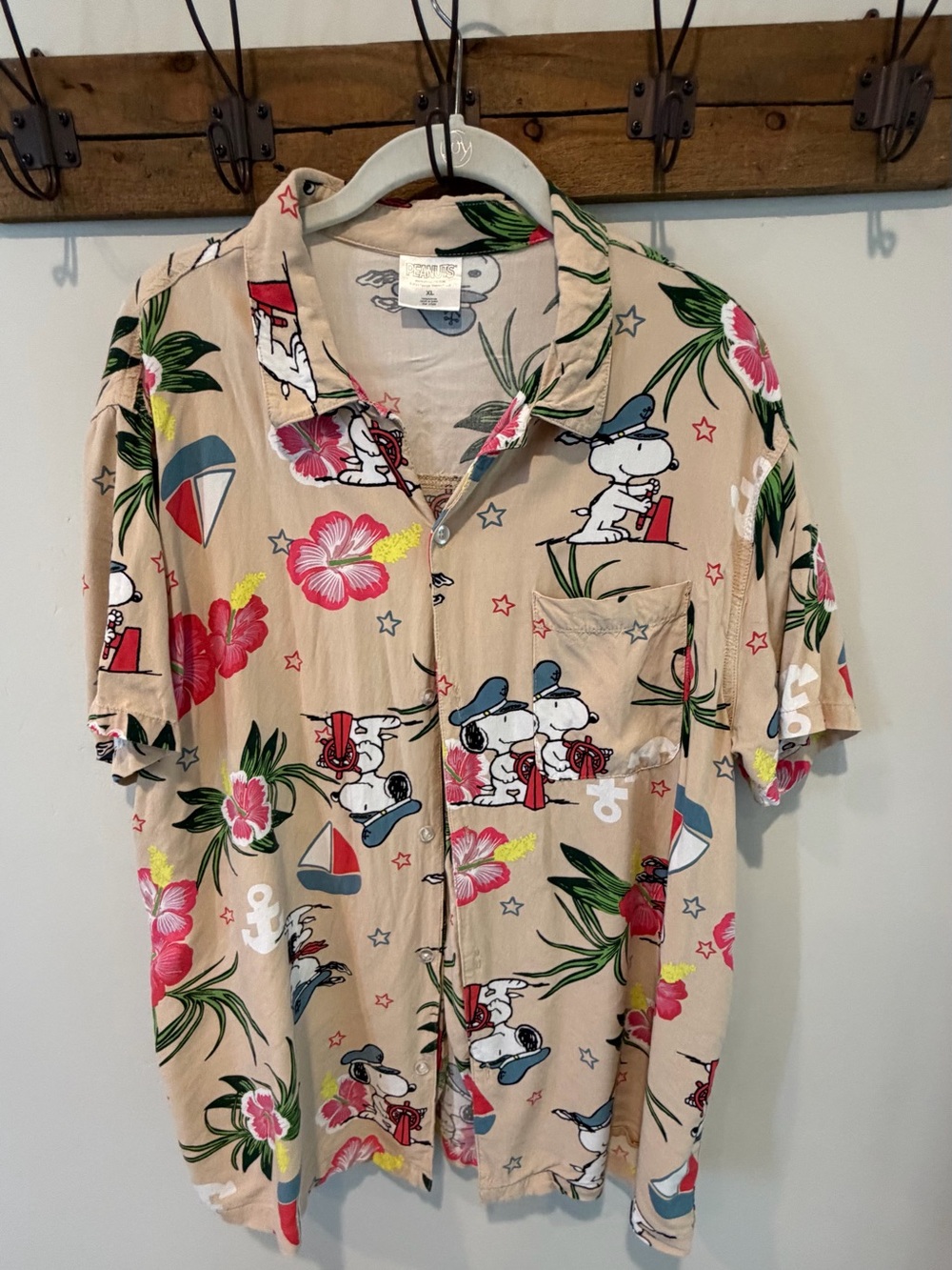 Peanuts Beige Hawaiian Tropical Snoopy Print Button-Down Shirt
